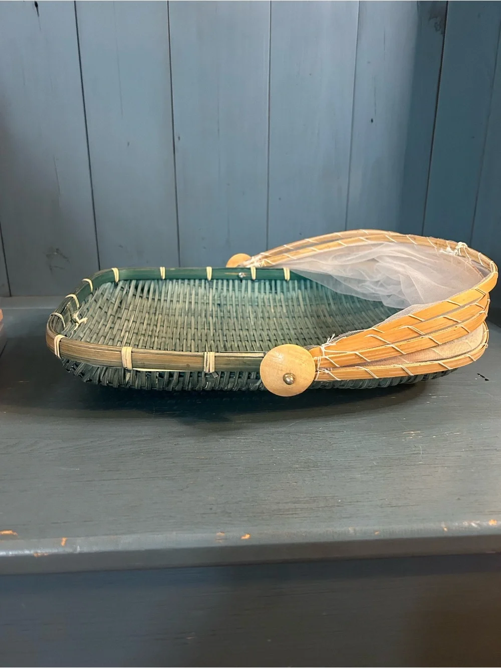 Bestoyard Teal Woven Serving Basket w/ White Mesh Cover Summer Outside Bbq/Party